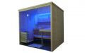 Massivholz-Sauna aus Fichte mit Glasfront - LED-Deckenbeleuchtung, blau