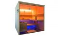 Massivholz-Sauna aus Fichte mit Glasfront - LED-Decken- und Lehnenbeleuchtung, gelb - LED-Bankbeleuchtung, blau