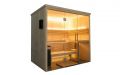 Kleine Massivholz-Sauna aus Fichte mit Glasfront - LED-Decken-, Lehnen- und Bankbeleuchtung, weiß