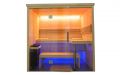 Kleine Massivholz-Sauna aus Fichte mit Glasfront - LED-Decken- und Lehnenbeleuchtung, weiß - LED-Bankbeleuchtung, blau