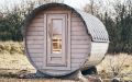 Fass-Sauna aus skandinavischer Fichte, Einrichtung in Espe - Außenansicht, Vorderseite