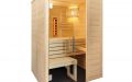 Kleine Massivholz-Sauna aus Fichte mit Ganzglaselement und Infrarotstrahler