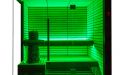 Elementsauna mit Eckverglasung - Maßanfertigung - Innen- und Außenverkleidung sowie Einrichtung in Linde - LED-Bankbeleuchtung, grün