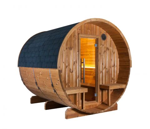 Große Fass-Sauna in Thermokiefer mit Freisitz