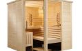 Massivholz-Sauna aus Fichte mit Eckeinstieg, Ganzglaselement und Infrarotstrahler