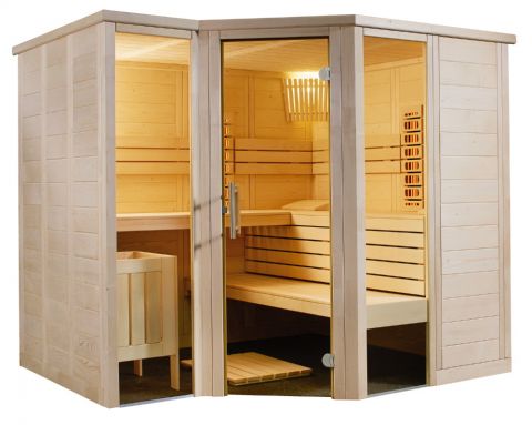 Massivholz-Sauna aus Fichte mit zwei Ganzglaselementen, zwei Infrarotstrahlern und zurückgesetztem Eckeinstieg
