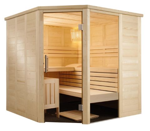 Massivholz-Sauna aus Fichte mit Eckeinstieg und Ganzglaselement