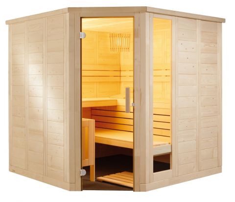 Massivholz-Sauna aus Fichte mit Glaselement und Eckeinstieg