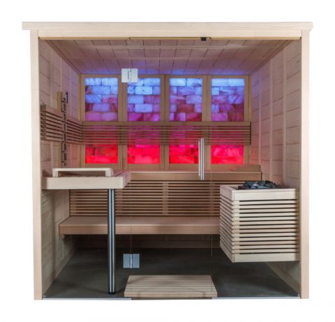 Massivholz-Sauna aus Fichte mit Glasfront, Infrarotstrahler und beleuchteter Salzsteinwand - Rückwand blau-rot beleuchtet
