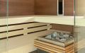 Sauna mit Eckverglasung, Innenverkleidung in Eiche Bronce mit rückseitig beleuchteten Salzsteinen - Einrichtung, Saunaofen