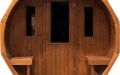 Fass-Sauna in Thermokiefer mit kleiner Veranda - Türe und Fenster mit getönter ESG-Verglasung - Frontalansicht