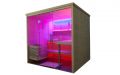 Massivholz-Sauna aus Fichte mit Glasfront - LED-Decken- und Lehnenbeleuchtung, pink - LED-Bankbeleuchtung, rot