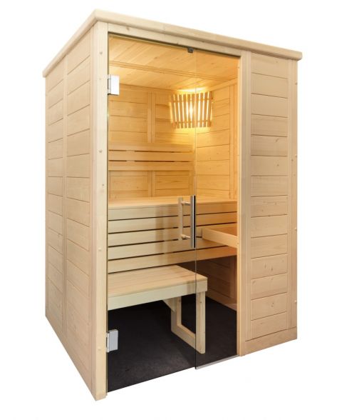 Kleine Massivholz-Sauna aus Fichte mit Ganzglaselement
