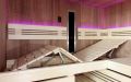 Sauna mit Eckverglasung und ergonomischer Liege - Einrichtung, LED-Lehnenbeleuchtung, ergonomische Liege