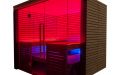 Große Elementsauna mit Ganzglasfront über Eck, Außenverkleidung in Thermo-Linde, Innenverkleidung und Einrichtung in Linde - LED-Bankbeleuchtung, rot und blau