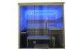 Kleine Massivholz-Sauna aus Fichte mit Glasfront - LED-Deckenbeleuchtung, blau