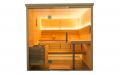 Massivholz-Sauna aus Fichte mit Glasfront - LED-Decken-, Lehnen- und Bankbeleuchtung, weiß
