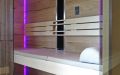 Kleine Sauna in Eiche mit abgeschrägter Glasfront, Infrarotstrahler, Sternenhimmel und LED-Beleuchtung - LED-Beleuchtung, pink