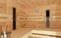 Massivholz-Sauna in Zirbe mit Glasfront - Einrichtung, Infrarotstrahler